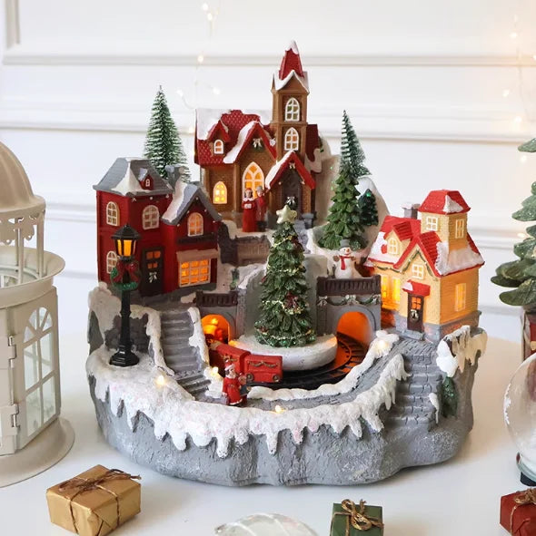 LED Musical Village House | Animated Christmas Centerpiece with Rotating Train & Lights