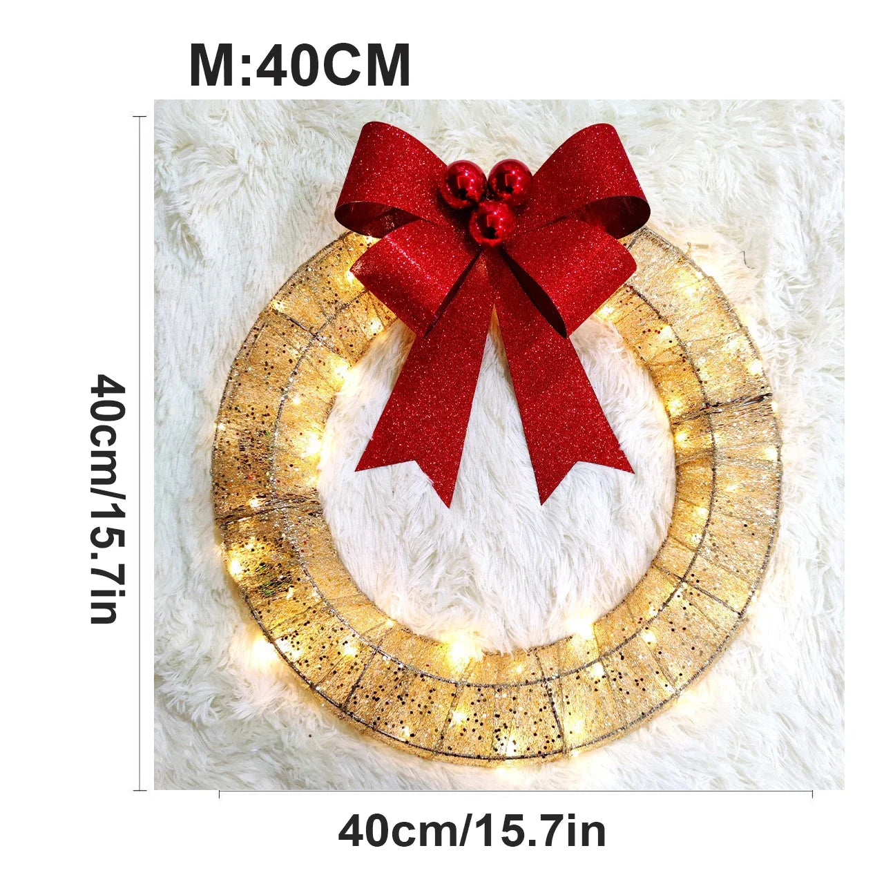 Christmas Wreath Metal Wreath LED Warm Light Christmas Decoration Removable Design Big Bow Christmas Decoration Door Hanging