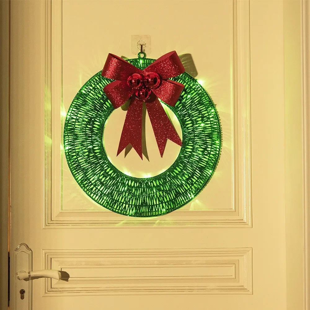 Christmas Wreath Metal Wreath LED Warm Light Christmas Decoration Removable Design Big Bow Christmas Decoration Door Hanging