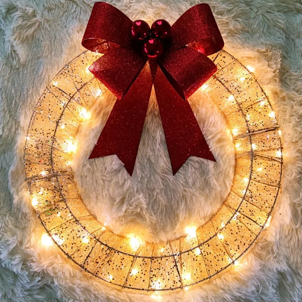 Christmas Wreath Metal Wreath LED Warm Light Christmas Decoration Removable Design Big Bow Christmas Decoration Door Hanging