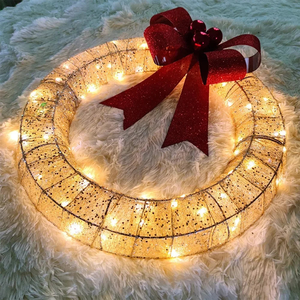 Christmas Wreath Metal Wreath LED Warm Light Christmas Decoration Removable Design Big Bow Christmas Decoration Door Hanging