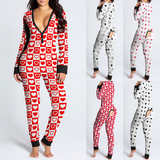 Printed Valentine's Day Long Sleeve Home Wear Jumpsuit